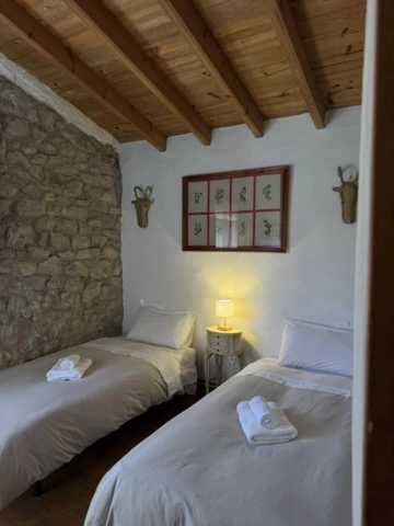 Habitación con dos camas individuales y vigas de madera en Masía La Costereta
