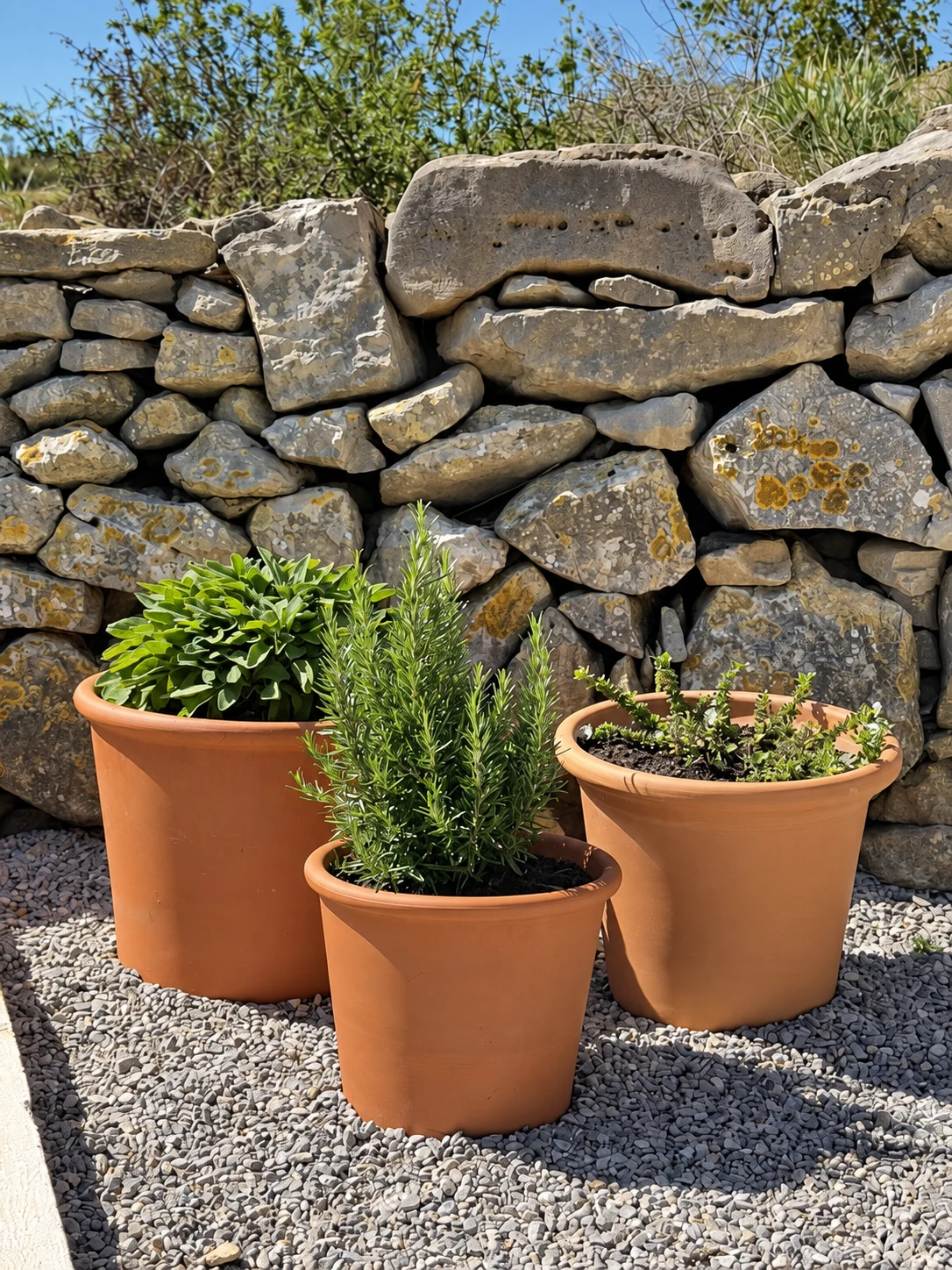 Plantas aromáticas junto al muro de piedra en Masía La Costereta