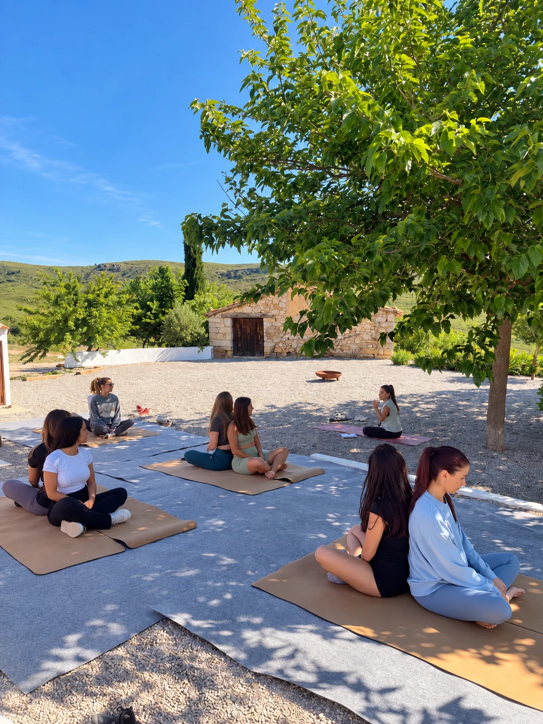 Participantes en un retiro celebrado bajo los árboles de Masía La Costereta